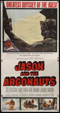 7v689 JASON & THE ARGONAUTS 3sh '63 great special effects by Ray Harryhausen, cool art of colossus