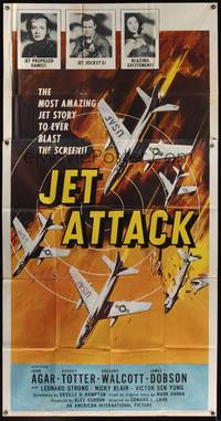 7v691 JET ATTACK 3sh '58 cool artwork of Korean War military fighter jets in formation!