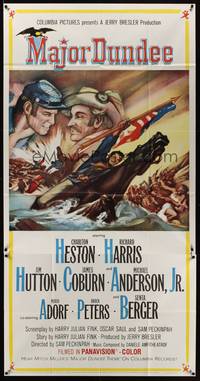 7v724 MAJOR DUNDEE 3sh '65 Sam Peckinpah, Charlton Heston, dramatic Civil War battle art!