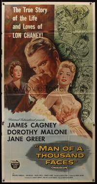 7v727 MAN OF A THOUSAND FACES 3sh '57 art of James Cagney as Lon Chaney Sr. by Reynold Brown!