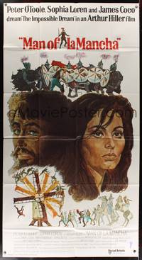 7v728 MAN OF LA MANCHA int'l 3sh '72 Peter O'Toole, Sophia Loren, cool Ted CoConis art!