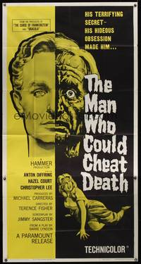7v729 MAN WHO COULD CHEAT DEATH 3sh '59 Hammer horror, cool half-alive & half-dead headshot art!