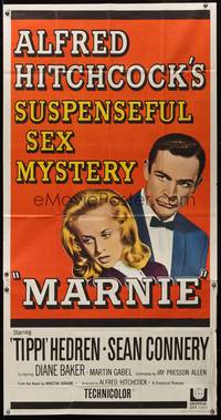 7v736 MARNIE 3sh '64 Sean Connery & Tippi Hedren in Alfred Hitchcock's suspenseful sex mystery!