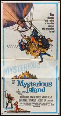 7v755 MYSTERIOUS ISLAND 3sh '61 Ray Harryhausen, Jules Verne sci-fi, cool hot-air balloon image!