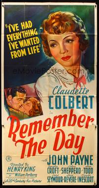 7v811 REMEMBER THE DAY 3sh '41 full-length pretty Claudette Colbert & held by John Payne!