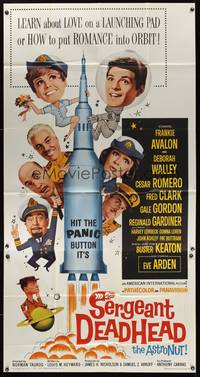 7v841 SERGEANT DEADHEAD 3sh '65 Frankie Avalon, Deborah Walley, Buster Keaton & cast on rocket!
