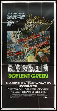 7v868 SOYLENT GREEN 3sh '73 art of Charlton Heston trying to escape riot control by John Solie!