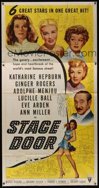 7v872 STAGE DOOR 3sh R53 Katharine Hepburn, Ginger Rogers, Adolphe Menjou, Lucy Ball, Ann Miller