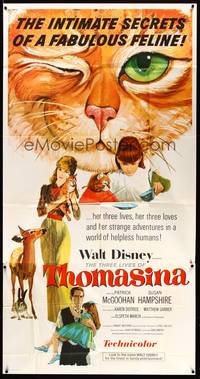 7v894 THREE LIVES OF THOMASINA 3sh '64 Walt Disney, huge art of winking & smiling cat!