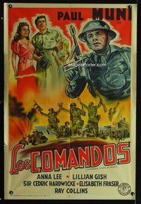 7v300 COMMANDOS STRIKE AT DAWN Argentinean '42 art of soldier Paul Muni with machine gun!