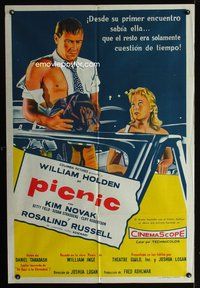 7v389 PICNIC Argentinean '56 different art of William Holden in torn shirt with Kim Novak!