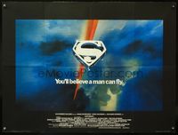 7v245 SUPERMAN art style British quad '78 wonderful artwork of shield in clouds by Bob Peak!