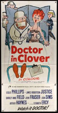 7v557 DOCTOR IN CLOVER English 3sh '66 wacky artwork of doctor examining half-naked girl in bed!