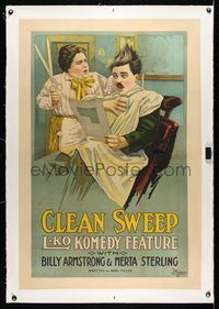 7w083 CLEAN SWEEP linen 1sh '18 wacky stone litho of Merta Sterling cutting Billy Armstrong's hair!