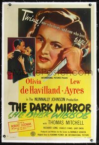 7w090 DARK MIRROR linen 1sh '46 Lew Ayres loves one twin Olivia de Havilland and hates the other!