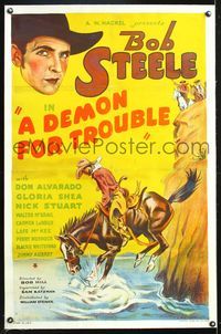 7w092 DEMON FOR TROUBLE linen 1sh '34 stone litho of Bob Steele on horseback jumping into water!