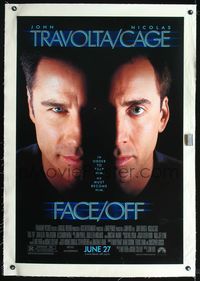 7w110 FACE/OFF linen advance 1sh '97 John Travolta and Nicholas Cage switch faces, John Woo sci-fi!