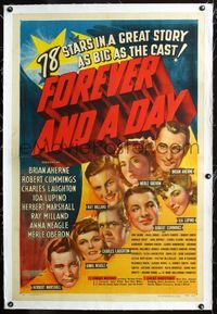 7w114 FOREVER & A DAY linen 1sh '43 Merle Oberon, Charles Laughton, Ida Lupino & 75 others!