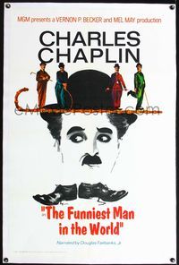 7w116 FUNNIEST MAN IN THE WORLD linen 1sh '67 cool art of Charlie Chaplin w/4 tiny images on cane!