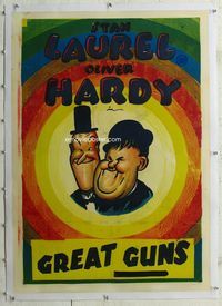 7w126 GREAT GUNS linen 1sh R50s great different colorful art of Stan Laurel & Oliver Hardy!
