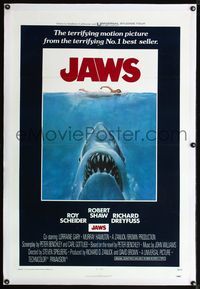 7w140 JAWS linen int'l 1sh '75 art of Steven Spielberg's classic man-eating shark attacking swimmer!