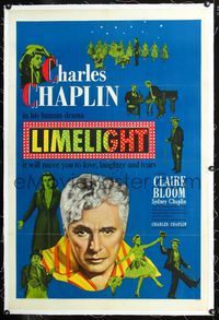 7w157 LIMELIGHT linen 1sh '52 many images of aging Charlie Chaplin & pretty young Claire Bloom!