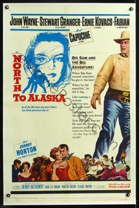 7w182 NORTH TO ALASKA linen 1sh '60 John Wayne & sexy Capucine in fun-filled adventure in the Yukon