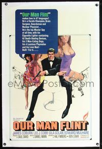 7w187 OUR MAN FLINT linen 1sh '66 Bob Peak art of James Coburn, sexy James Bond spy spoof!