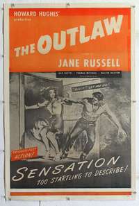 7w188 OUTLAW linen military 1sh R50s art of sexiest Jane Russell & Jack Buetel, Howard Hughes