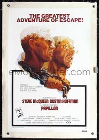 7w190 PAPILLON linen 1sh '73 great art of prisoners Steve McQueen & Dustin Hoffman by Tom Jung!