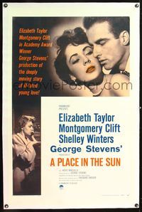 7w194 PLACE IN THE SUN linen 1sh R59 Montgomery Clift, sexy Elizabeth Taylor, Shelley Winters