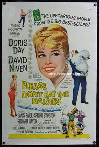 7w195 PLEASE DON'T EAT THE DAISIES linen 1sh '60 art of pretty smiling Doris Day, David Niven w/dog