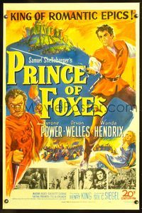 7w196 PRINCE OF FOXES linen 1sh '49 Orson Welles, Tyrone Power w/sword protects Wanda Hendrix!
