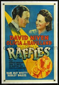 7w199 RAFFLES linen other company 1sh '39 art of David Niven & pretty Olivia de Havilland!