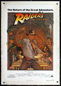7w201 RAIDERS OF THE LOST ARK linen 1sh R82 great artwork of Harrison Ford by Richard Amsel!