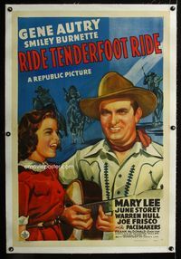 7w204 RIDE TENDERFOOT RIDE linen 1sh R48 great art of Gene Autry with guitar singing to Mary Lee!