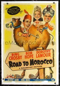 7w206 ROAD TO MOROCCO linen 1sh '42 wacky art of Bob Hope, Bing Crosby & Dorothy Lamour on camel!