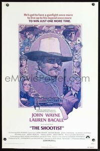 7w218 SHOOTIST linen 1sh '76 best Richard Amsel artwork of cowboy John Wayne & cast montage!