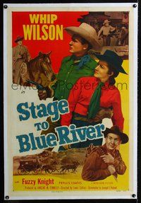 7w223 STAGE TO BLUE RIVER linen 1sh '51 great image of cowboy Whip Wilson with Phyllis Coates!