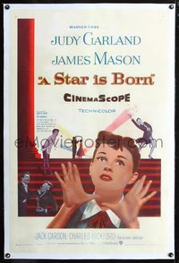 7w225 STAR IS BORN linen 1sh '54 great close up art of Judy Garland, James Mason, classic!