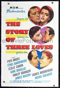 7w228 STORY OF THREE LOVES linen 1sh '53 Kirk Douglas, Pier Angeli, Leslie Caron, Granger, Mason