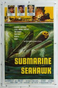 7w232 SUBMARINE SEAHAWK linen 1sh '59 cool skull head torpedo & Naval battle artwork!