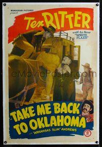 7w237 TAKE ME BACK TO OKLAHOMA linen 1sh '40 cowboy Tex Ritter catches bad guy on stagecoach!