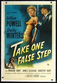 7w238 TAKE ONE FALSE STEP linen 1sh '49 full-length art of William Powell & sexy Shelley Winters!
