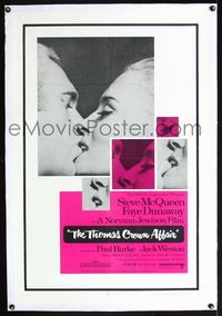 7w242 THOMAS CROWN AFFAIR linen 1sh '68 best kiss close up of Steve McQueen & sexy Faye Dunaway!