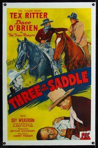 7w245 THREE IN THE SADDLE linen 1sh '45 Tex Ritter & Dave O'Brien are The Texas Rangers!