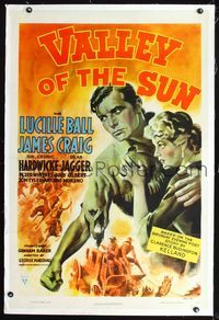 7w259 VALLEY OF THE SUN linen style A 1sh '42 art of Lucille Ball holding onto tough James Craig!