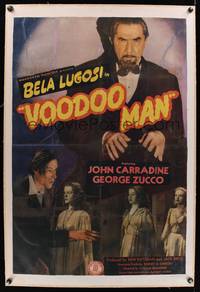 7w261 VOODOO MAN linen 1sh '44 great full-length image of Bela Lugosi + John Carradine & girls!