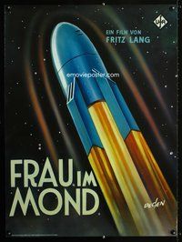 7x439 WOMAN IN THE MOON German commercial poster '90s Fritz Lang, cool Kurt Degen art of rocket!