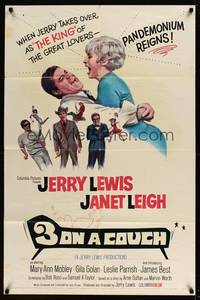 7y009 3 ON A COUCH 1sh '66 great image of screwy Jerry Lewis squeezing sexy Janet Leigh!